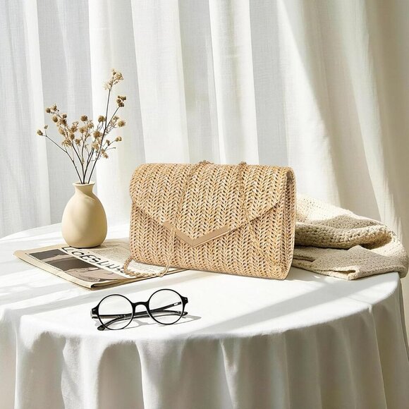 Women Straw Purse Woven Beach Clutch Crossbody Evening Handbag - Picture 7 of 7